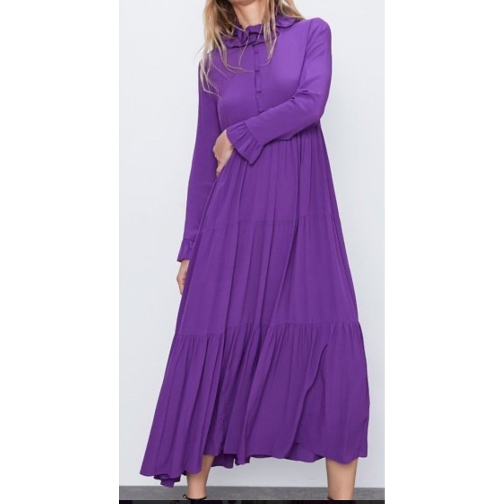 ZARA NWT WOMEN FLOWING PURPLE Maxi Dress Sz L Ruffle Trim Front Button